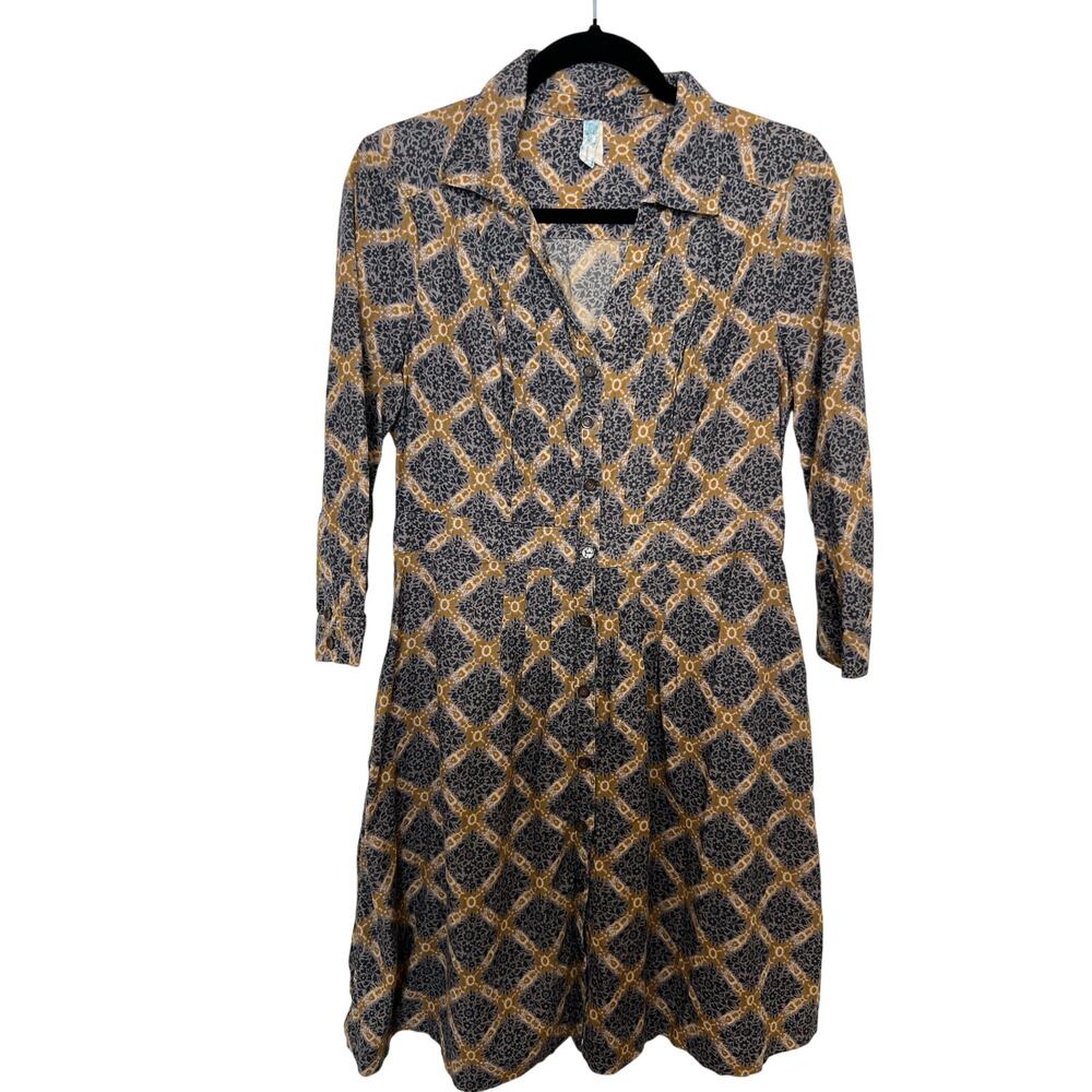 Maeve Button Front Collared Dress Gray Mustard Print Cotton Retro Boho Prairie